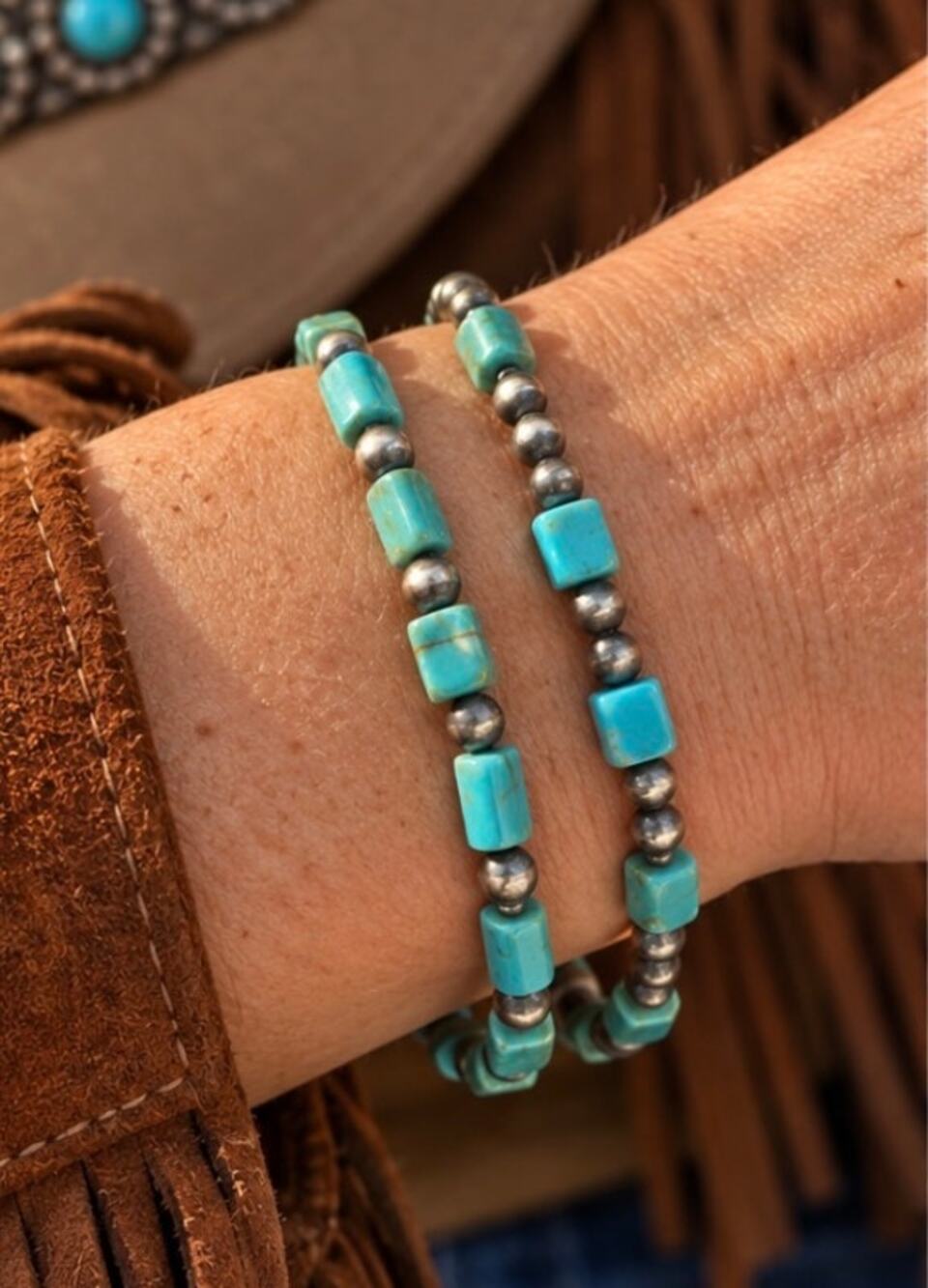 2 Kingman Turquoise Bracelets| Sterling Silver Pearl Beads
